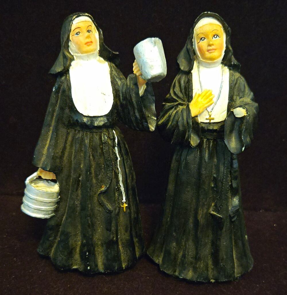 2-Piece Nun Figurine Set w/ Rosary, Buckets, Cross Necklace, Christian